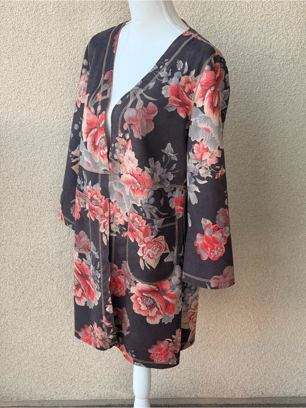 Solitaire Anthropologie Floral Faux Suede Open Front Duster Jacket Coat S Boho - Picture 4 of 13